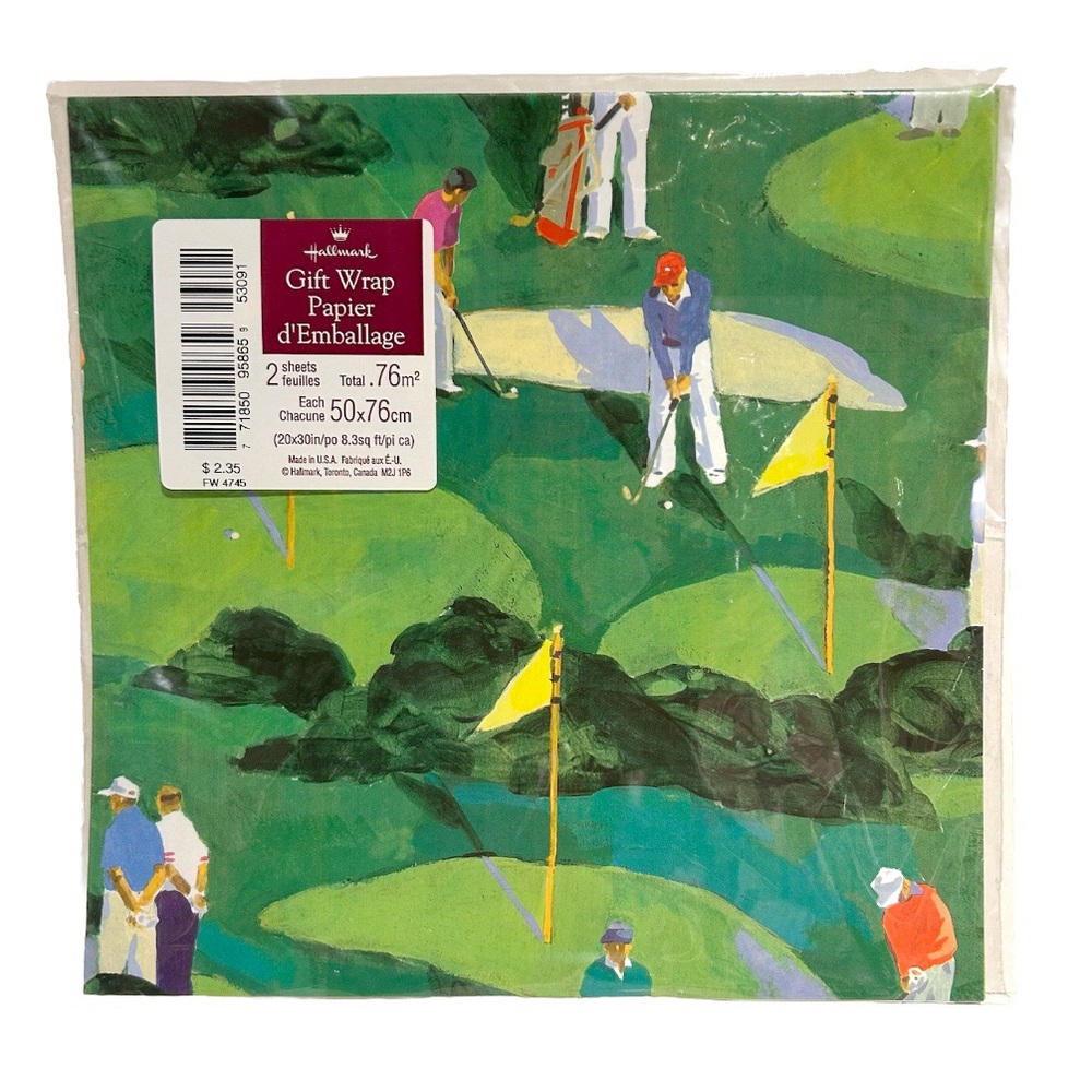 Vintage Hallmark Golf Course Golfer Gift Wrap Wrapping Paper 2 Sheets Green Flag